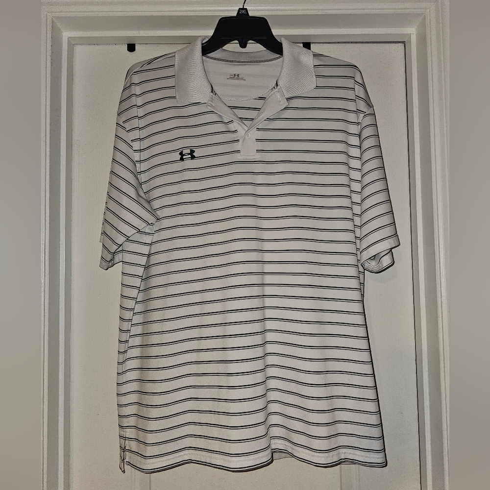 Under Armour Men's Polo Shirt in White with Dark Stripes